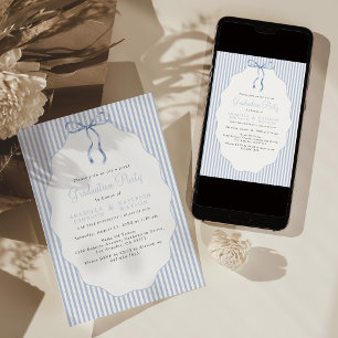 Sweet Pinstriped Blue Bow Joint Graduation Invitation