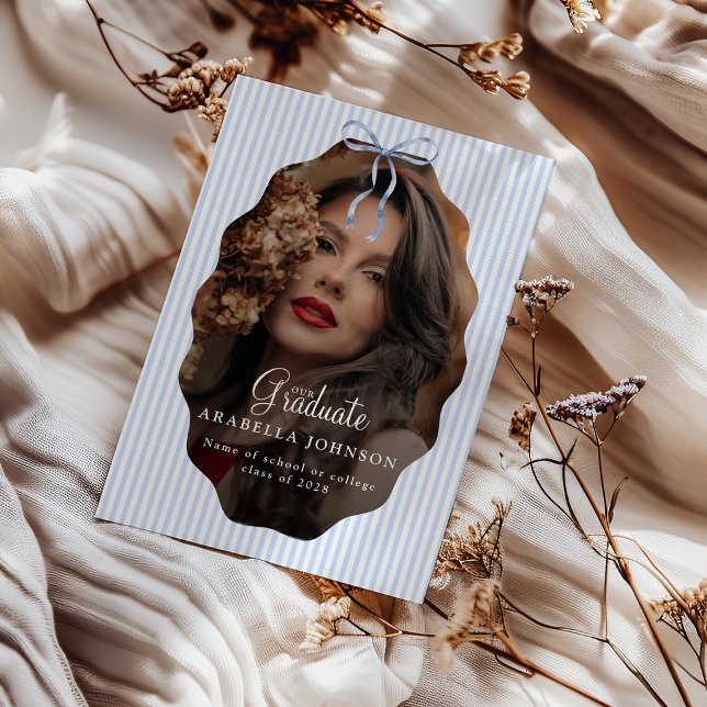 Sweet Pinstriped Blue Bow Photo Graduation Announcement (Creator Uploaded)