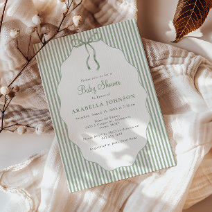 Sweet Pinstriped Green Bow Baby Shower Invitation