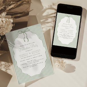 Sweet Pinstriped Green Bow Joint Graduation Invitation
