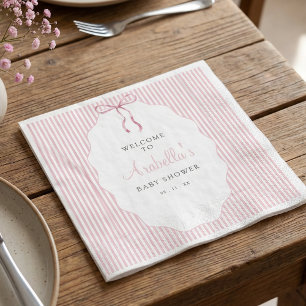 Sweet Pinstriped Pink Bow Baby Shower Welcome Napkin