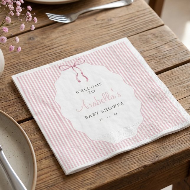 Sweet Pinstriped Pink Bow Baby Shower Welcome Napkin (Creator Uploaded)