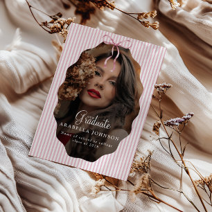 Sweet Pinstriped Pink Bow Photo Graduation Announcement