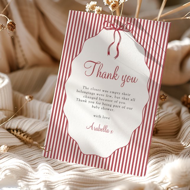 Sweet Pinstriped Red Bow Baby Shower Thank You Card (Creator Uploaded)