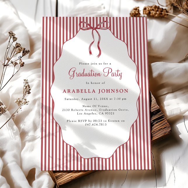 Sweet Pinstriped Red Bow Graduation Invitation (Creator Uploaded)
