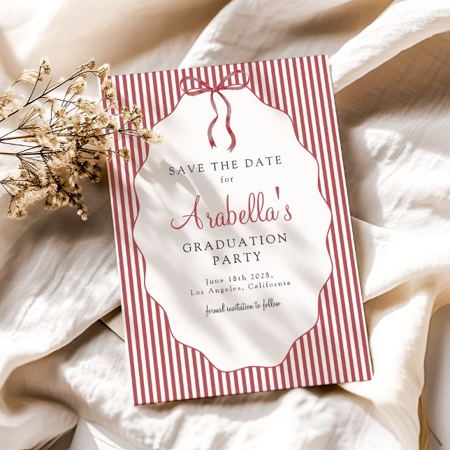 Sweet Pinstriped Red Bow Graduation Save The Date (Creator Uploaded)