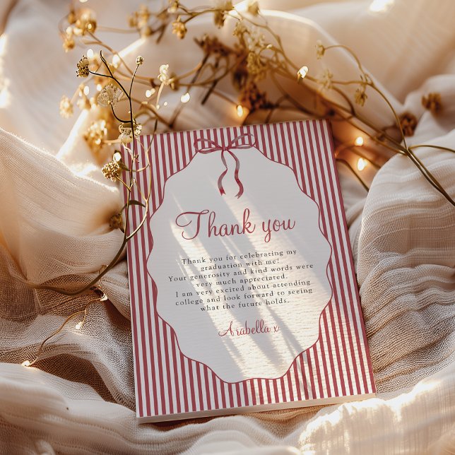 Sweet Pinstriped Red Bow Graduation Thank You Card (Creator Uploaded)