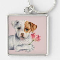 Sweet Pit Bull Dog Holding Pink Flower Painting