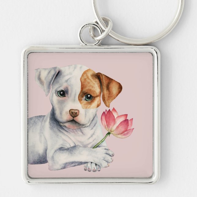 Sweet Pit Bull Dog Holding Pink Flower Painting Key Ring (Front)