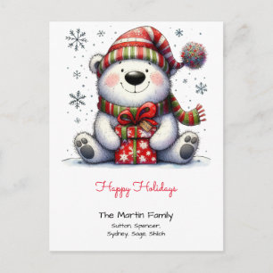 Sweet Polar Bear in a Santa Hat Happy Holidays Postcard