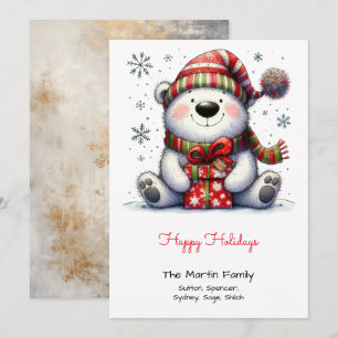 Sweet Polar Bear in a Santa Hat Red Happy Holiday Card