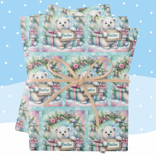 Sweet Polar Bear Personalise Name Christmas 3 Wrapping Paper Sheet
