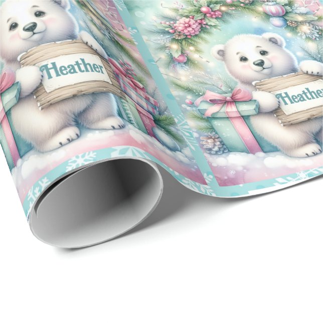 Sweet Polar Bear Personalise Name Christmas Roll  Wrapping Paper (Roll Corner)