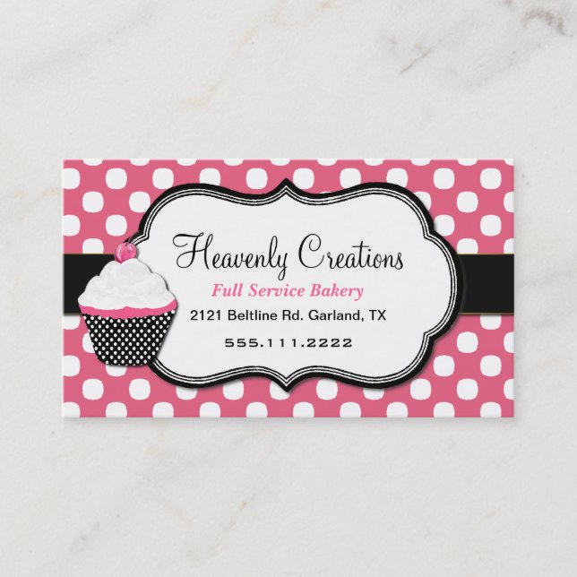 Sweet Polka Dot and Cupcake Bakery Business Card (Front)
