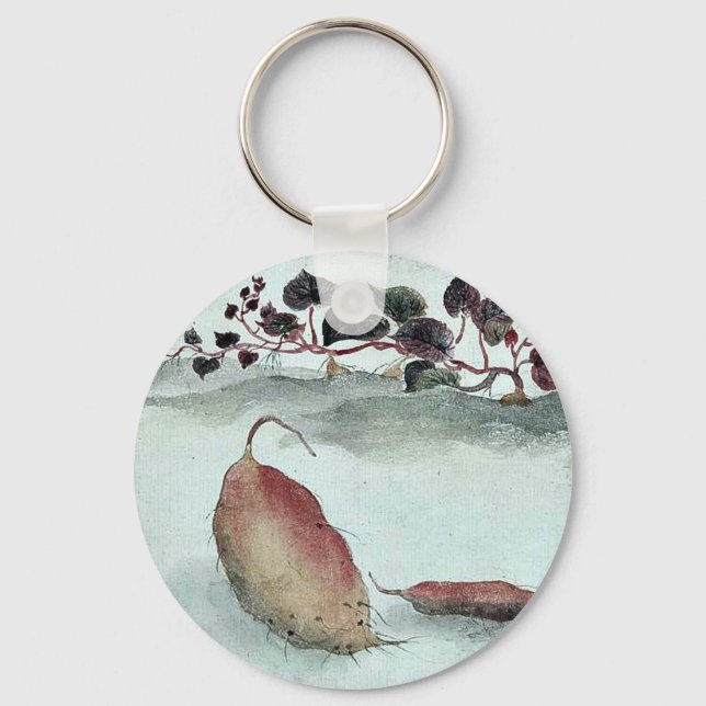 Sweet potato with plant growing in the background key ring (Front)