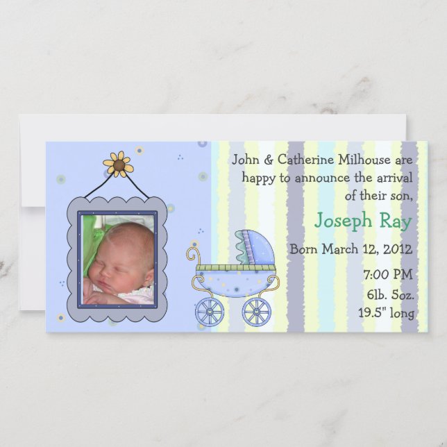 Sweet Pram Boy Birth Announcement Photo Card (Front)