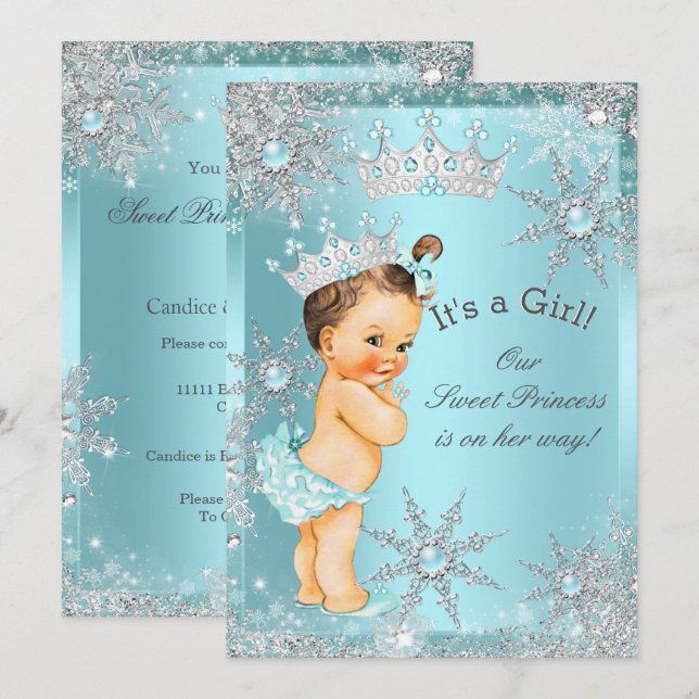 Sweet Princess Girl Baby Shower Teal Brunette Invitation (Front/Back)