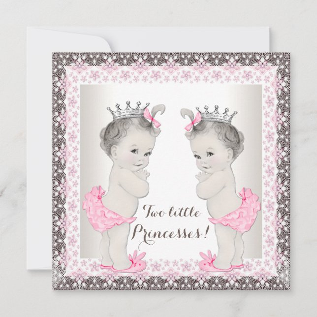 Sweet Princess Twin Pink and Brown Baby Shower Invitation (Front)