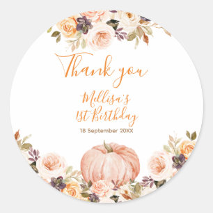 Sweet Pumpkin 1st Birthday Watercolor Thank you Classic Round Sticker