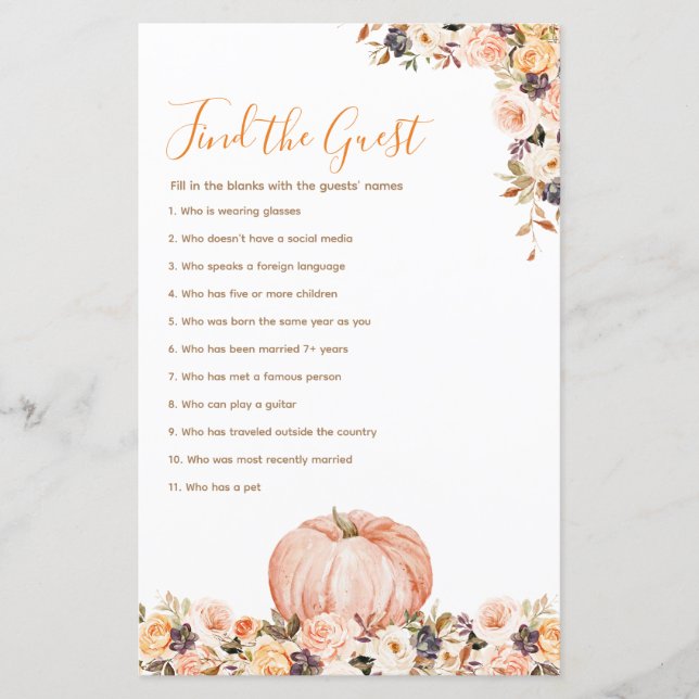 Sweet Pumpkin Rustic Floral Find the Guest (Front)