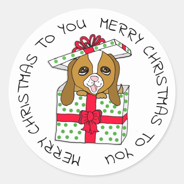 Sweet Puppy Dog in Christmas Gift Box with Bow Classic Round Sticker (Front)