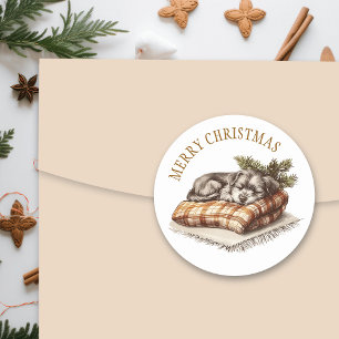 Sweet Puppy Dog Sleeping on Warm Blanket Christmas Classic Round Sticker