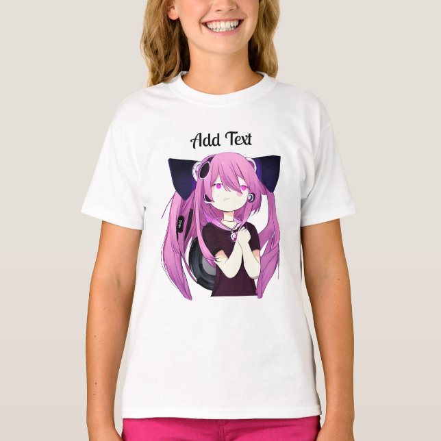 Sweet Purple and Black Anime Girl with Cat Ears T-Shirt (Front)