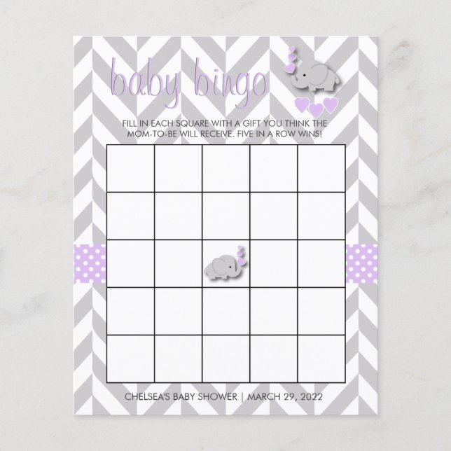 Sweet Purple and Gray Elephant Baby Shower Bingo Flyer (Front)