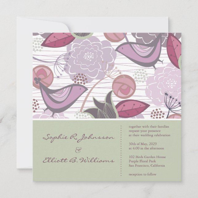 Sweet Purple Birds Floral Garden Wedding Invitatio Invitation (Front)