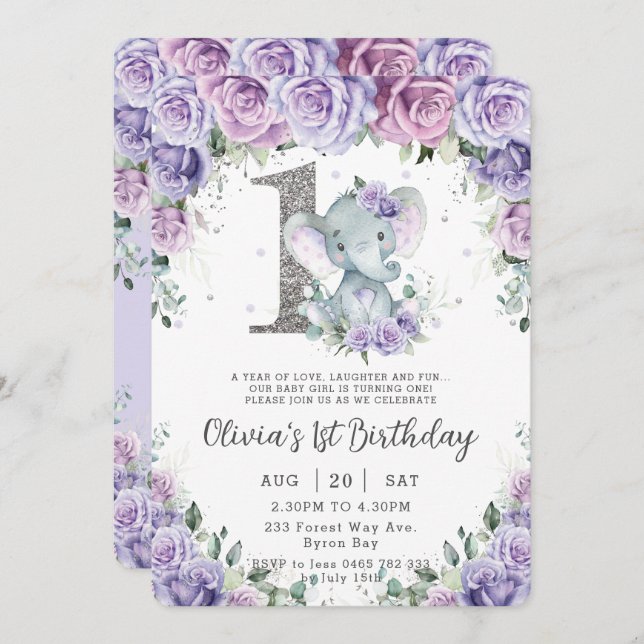 Sweet Purple Floral Adorable Elephant 1st Birthday Invitation (Front/Back)