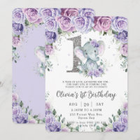 Sweet Purple Floral Adorable Elephant 1st Birthday