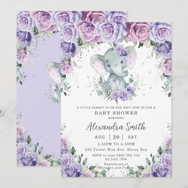 Sweet Purple Floral Adorable Elephant Baby Shower Invitation (Front/Back)