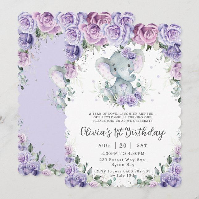 Sweet Purple Floral Adorable Elephant Birthday Invitation (Front/Back)