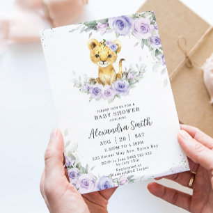 Sweet Purple Floral Adorable Lion Cub Baby Shower Invitation