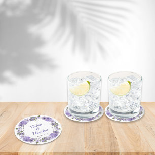 Sweet Purple Floral Wedding  Round Paper Coaster