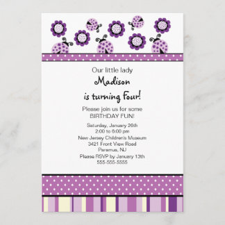 Sweet Purple Ladybugs Birthday Invitation