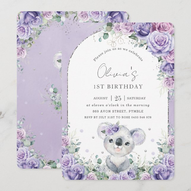 Sweet Purple Lilac Floral Koala Birthday Party Invitation (Front/Back)