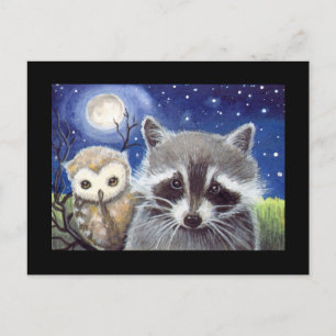 Sweet Racoon and Owl Art Postcard