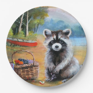 Sweet Racoon, canoe, summer scene Paper Plate