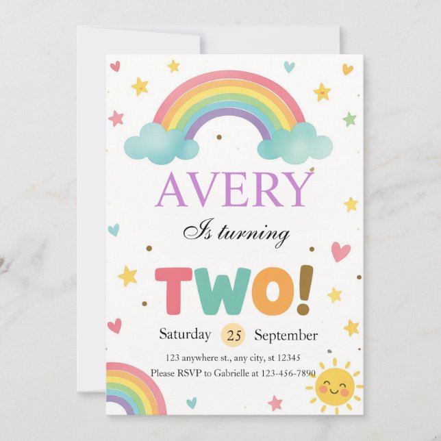 Sweet Rainbow 2nd Birthday Invitation (Front)