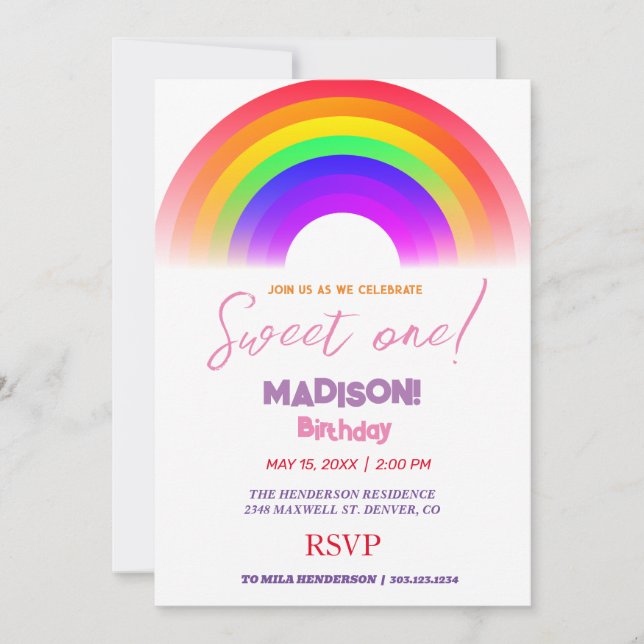 Sweet rainbow colours, rainbow sweet first birthda invitation (Front)