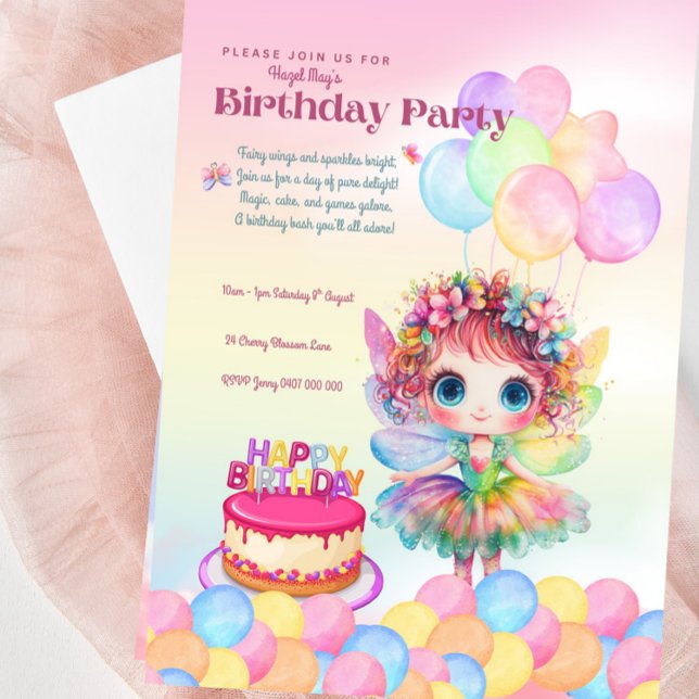 Sweet Rainbow Fairy Birthday Invitation For Girls (Sweet Fairy Birthday Party Invitation For Girls - Rainbow Fairy Design)