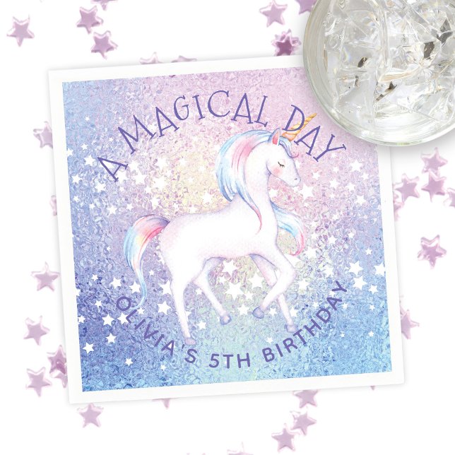 Sweet Rainbow Unicorn Glittery Birthday Party Name Napkin (Creator Uploaded)