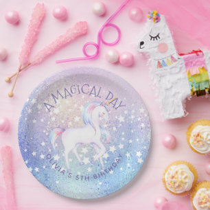 Sweet Rainbow Unicorn Glittery Birthday Party Name Paper Plate