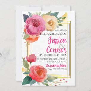 Sweet Ranunculus Watercolor Wedding Gold Frame  Invitation