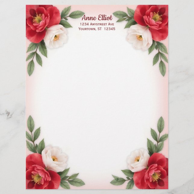 Sweet Red and White Flowers Stationery Paper Custom Letterhead (Front)