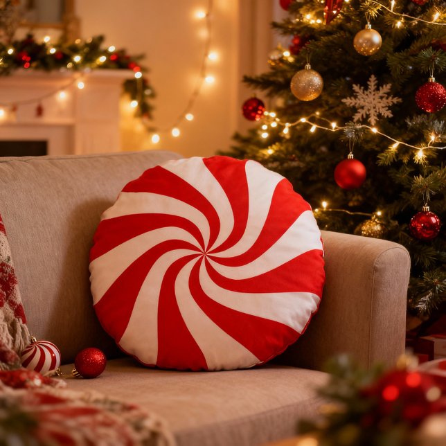 Sweet Red and White Peppermint Candy Swirl  Round Cushion (Creator Uploaded)