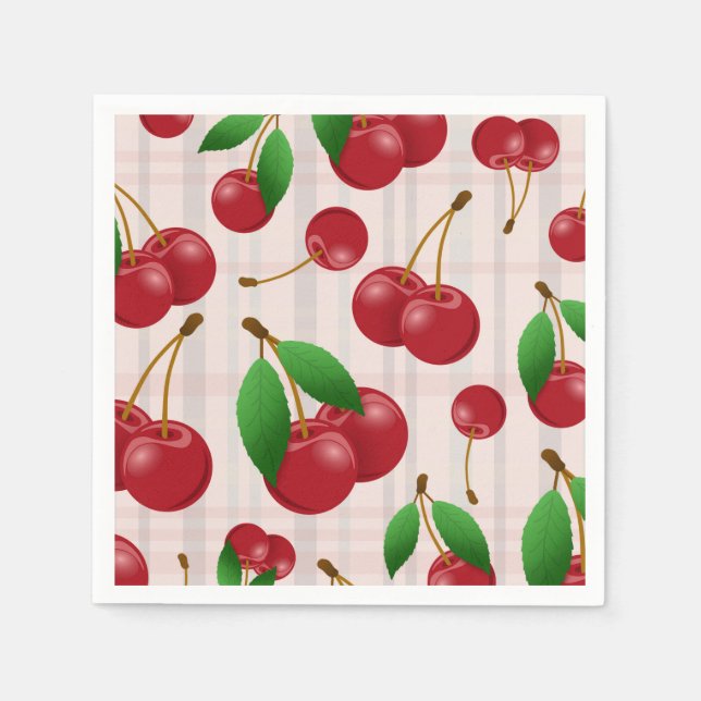sweet red cherries on pastel plaid napkin (Front)