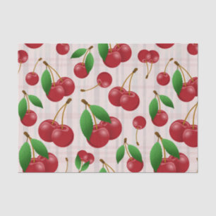 sweet red cherries on pastel plaid tissue paper
