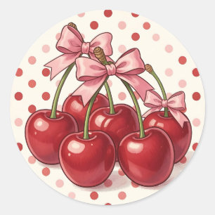 Sweet Red Cherries Pink Bows Retro Polka Dot Classic Round Sticker